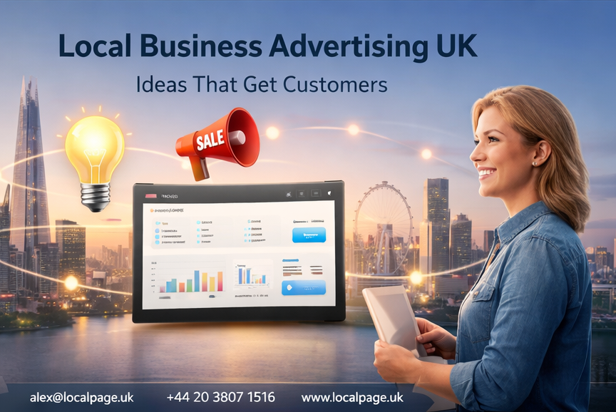 Premium 3D London city with LocalPage dashboard and glowing advertising icons.