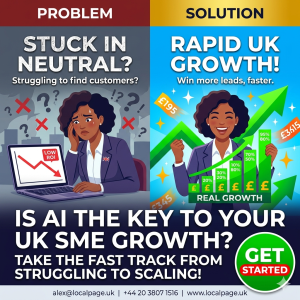 A high-contrast, bold vector social media post divided vertically. The left side (Problem) shows a stressed UK SME owner struggling to find customers, with downward arrows and flat charts. The right side (Solution) shows the same owner celebrating rapid AI-powered growth, with ascending graphs and high sales numbers.