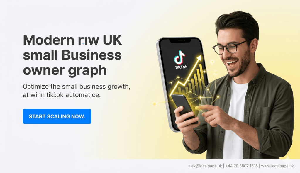 A smiling UK business owner using a smartphone to track a rising TikTok growth graph, featuring a bright yellow and blue minimalist design with a "Start Scaling Now" button and LocalPage.uk branding.